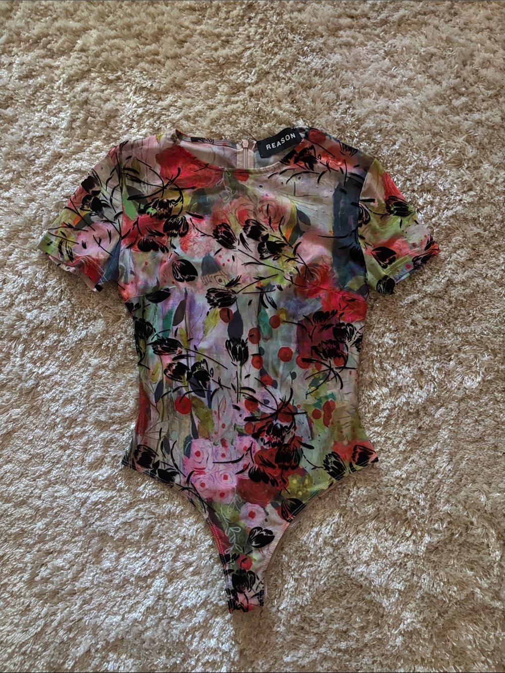 REASON Floral Abstract Short Sleeve Bodysuit - Multicolor